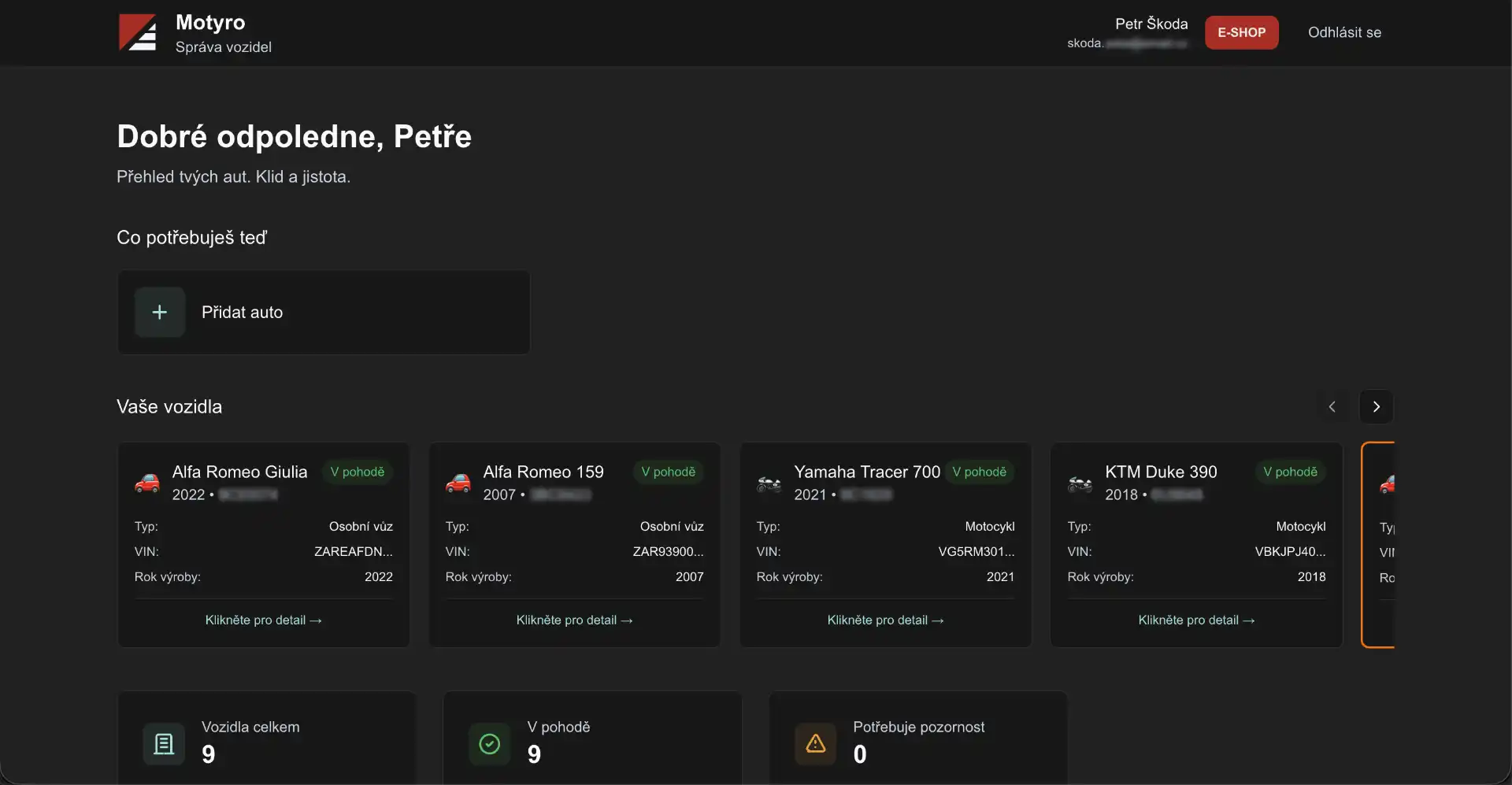 Motyro aplikace - dashboard s přehledem vozidel